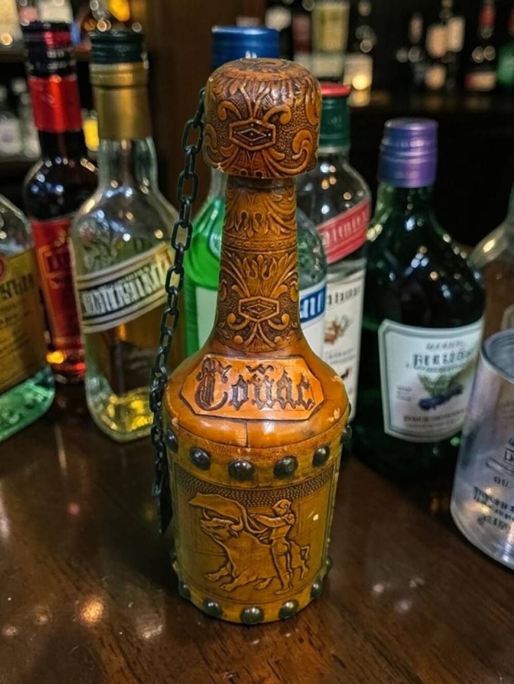 Vintage Handtooled Spanish Leather Glass Conac Decanter w Cork Plug Chain Tassel
